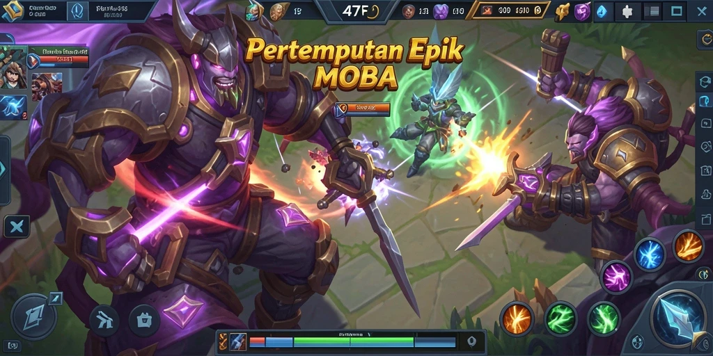 Screenshot menunjukkan aksi pertempuran yang mendebarkan dalam game MOBA 47F.