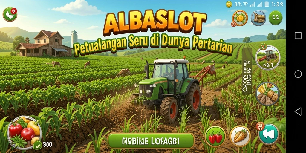 Screenshot ALBASLOT menunjukkan pemain yang sedang panen hasil pertanian.