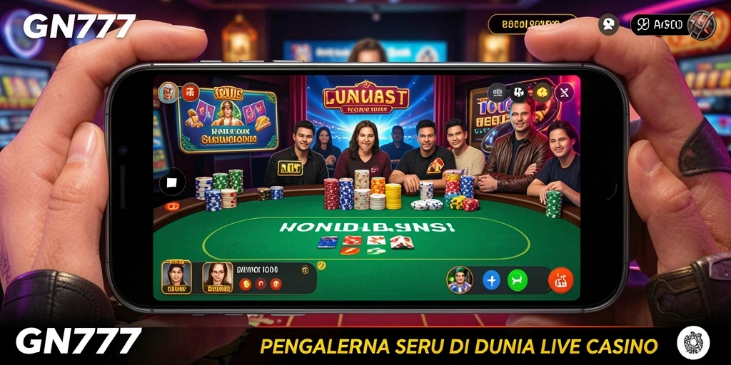Screenshot gameplay GN777 yang menampilkan dealer langsung dan suasana kasino yang autentik.